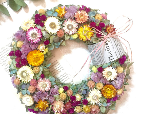 紫陽花とエリンジウムの爽やかオーバルリース　千日紅　ユーカリ 紫陽花とエリンジウムの爽やかオーバルリース 千日紅 ユーカリ