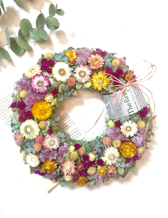 再販、受注制作】千日紅と紫陽花&貝殻草(ヘリクリサム)のお花畑