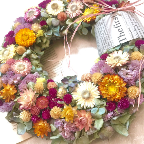 再販、受注制作】千日紅と紫陽花&貝殻草(ヘリクリサム)のお花畑の