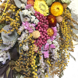 【再販、受注制作】ミモザとペーパーベリー&紫陽花と貝殻草のスワッグ 2枚目の画像