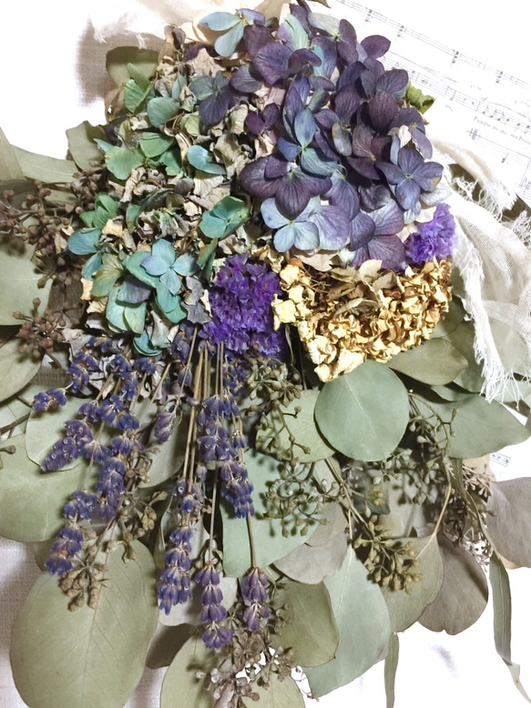 「母の日」【再販、受注制作】実付きポポラスユーカリ&紫陽花とラベンダーのスワッグ 5枚目の画像