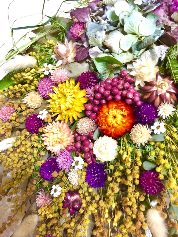 【再販、受注制作】ミモザとユーカリ&紫陽花とヘリクリサムのスワッグ 2枚目の画像