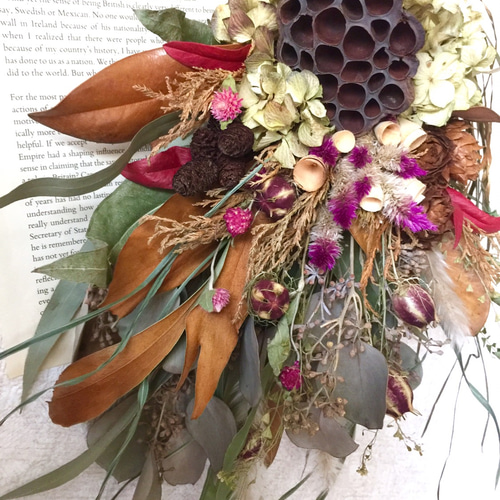 再販、受注制作、ハスの実とネイティブフラワーのワイルドスワッグ【L