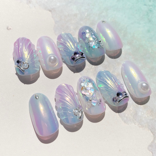 018 貝殻 マーメイドネイル オーロラネイル ネイルチップ（つけ爪  