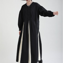 秋の新商品ダークウィンドバブルスリーブ黒と白のステッチラージスカートルーズロングスカート 3枚目の画像