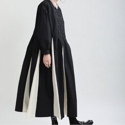 秋の新商品ダークウィンドバブルスリーブ黒と白のステッチラージスカートルーズロングスカート 6枚目の画像