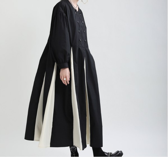 秋の新商品ダークウィンドバブルスリーブ黒と白のステッチラージスカートルーズロングスカート 6枚目の画像