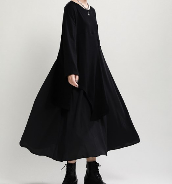 秋の新デザインセンス長袖Aラインスカート女性ビッグスカート裾フェイクツーピースワンピース女性 4枚目の画像