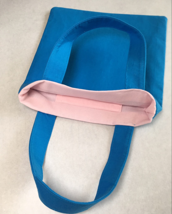 ミニバッグNo.10 青✖️桜色ピンク上質テーラー仕立て隠しハンドステッチ内ポケット 内芯入り サブバッグ　トート 2枚目の画像