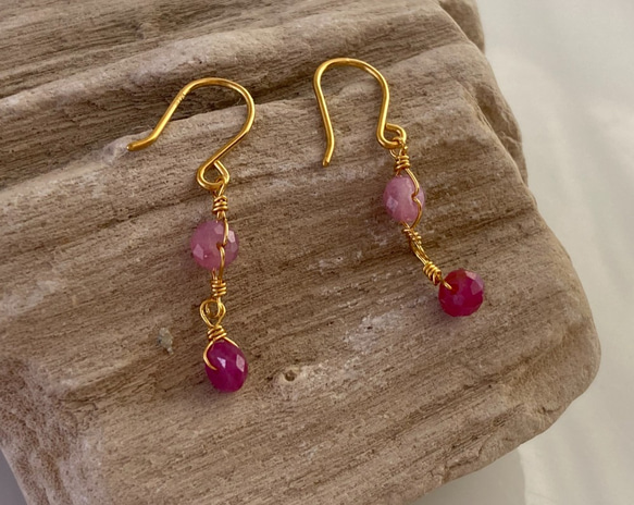 K24純金ルビー＋ピンクサファイアピアス◇K24 Ruby + Pink Sapphire Earrings 1枚目の画像