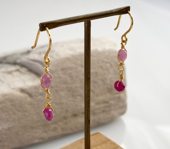 K24純金ルビー＋ピンクサファイアピアス◇K24 Ruby + Pink Sapphire Earrings 4枚目の画像