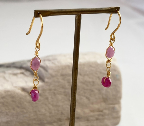 K24純金ルビー＋ピンクサファイアピアス◇K24 Ruby + Pink Sapphire Earrings 5枚目の画像