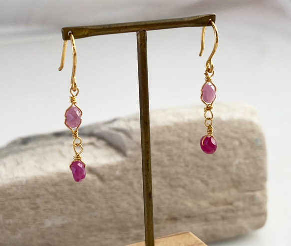 K24純金ルビー＋ピンクサファイアピアス◇K24 Ruby + Pink Sapphire Earrings 6枚目の画像