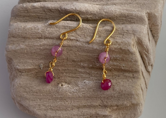 K24純金ルビー＋ピンクサファイアピアス◇K24 Ruby + Pink Sapphire Earrings 7枚目の画像