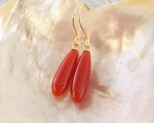 天然◇血赤珊瑚K18 ピアス ピアス（フック・チェーン） Sae+Sumi Koru