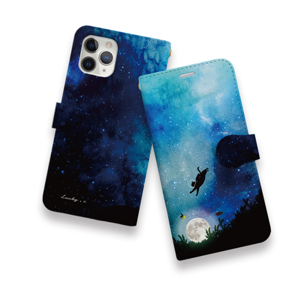 海に沈む満月と猫　手帳型ケース/スマホケース/多機種対応/iPhone/Xperia/Galaxy/AQUOS 1枚目の画像