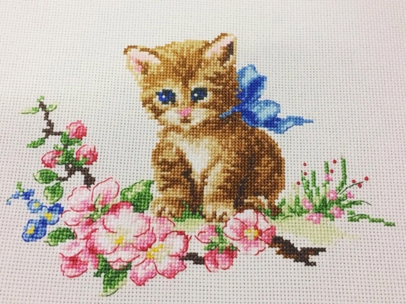 クロスステッチ完成品♪桜と猫ちゃん♪ タペストリー・壁掛け