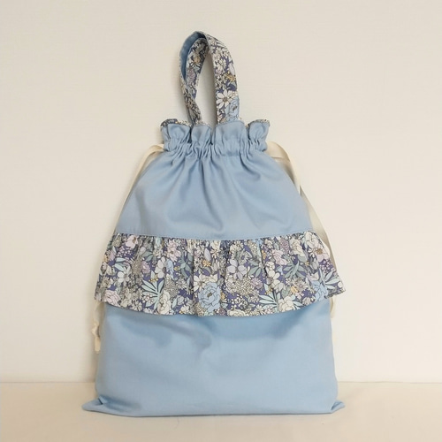 ハンドメイド ブルー花柄 フリル付きバッグ 3点セット セット割♡入園・入学3点セット＊ライトブルーの花柄フリル