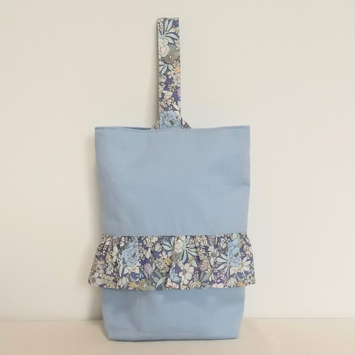 ハンドメイド ブルー花柄 フリル付きバッグ 3点セット セット割♡入園・入学3点セット＊ライトブルーの花柄フリル