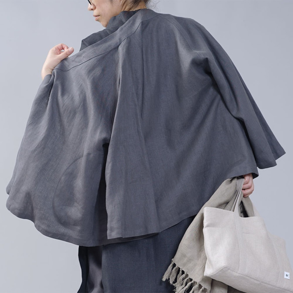 [Wafu]中厚亞麻Sansou和服日式服裝Zen Haori插肩袖喇叭袖/暗灰色h037e-dmg2 第4張的照片