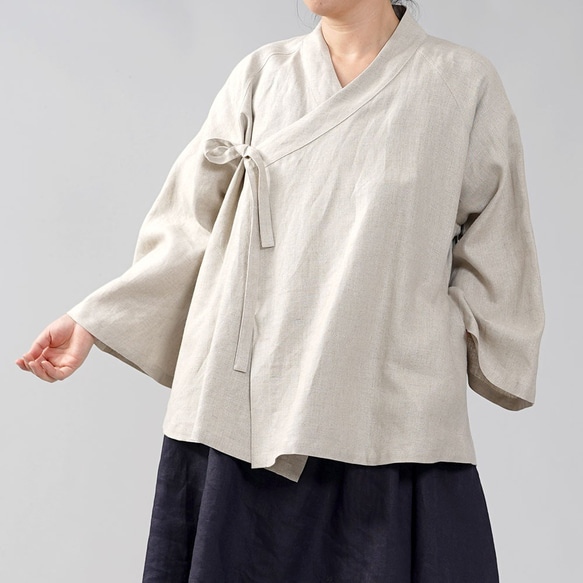 [Wafu]中厚亞麻Samue日式服裝Zen Haori插肩袖鈴鐺袖/亞麻天然h037e-amn2 第1張的照片