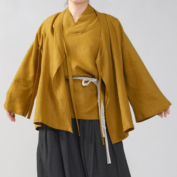 【和服】中厚亞麻Samue 日式禪宗外罩插肩袖喇叭袖/芥末h037e-mtd2 第1張的照片
