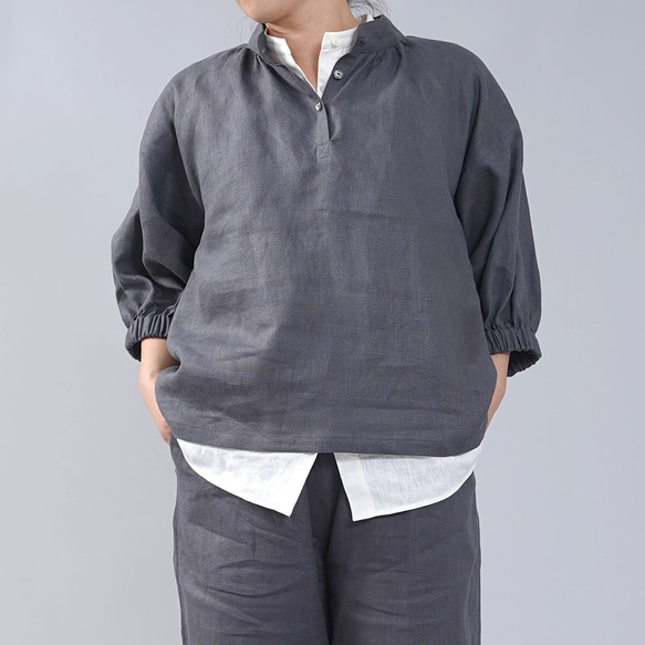 [Wafu]中厚亞麻上衣柔軟的立領垂肩/暗灰色t005a-dmg2 第1張的照片