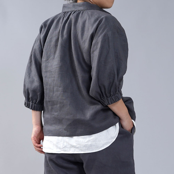 [Wafu]中厚亞麻上衣柔軟的立領垂肩/暗灰色t005a-dmg2 第6張的照片