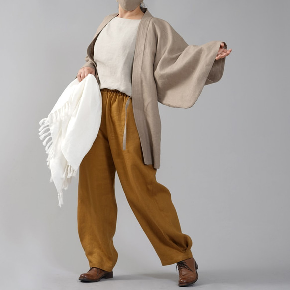 【和服】中厚亞麻外罩男女皆宜的日服日本衣服亞麻和服/胡桃色h037h-krm2 第3張的照片