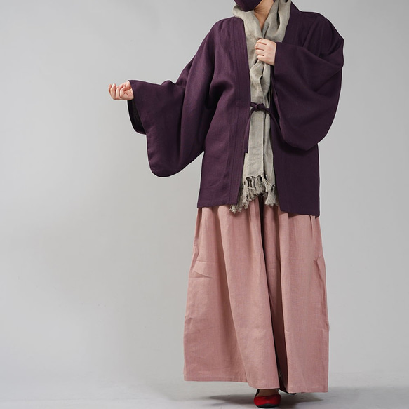 【wafu】中厚リネン羽織 男女兼用 和装 和服 リネン着物/紫根(しこん) h037h-skn2 3枚目の画像