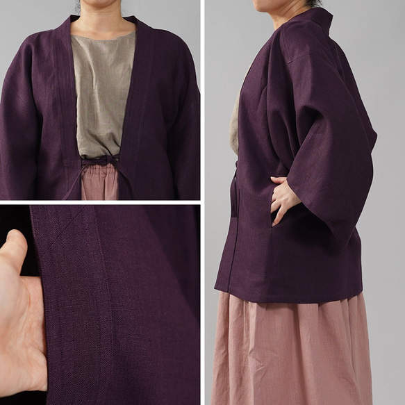 【wafu】中厚リネン羽織 男女兼用 和装 和服 リネン着物/紫根(しこん) h037h-skn2 10枚目の画像