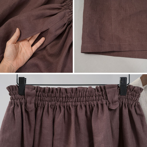 wafu】中厚リネン ハイウエスト風ギャザースカート/小豆色（あずきいろ
