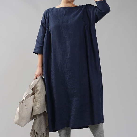 【wafu】Linen Dress　秘密のシルエット 7部袖 /　留紺(とめこん)　a083a-tmk1 1枚目の画像