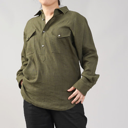 【wafu】中厚 リネン プルオーバーシャツ ラグランスリーブシャツ 両ポケット 男女兼用/カーキ t035f-khk2 1枚目の画像