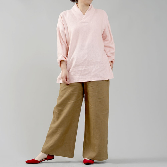 [Wafu] * 長袖中厚亞麻和服領襯衫上衣 Zen 亞麻 100% / 貝殼粉色 t010d-spk2 第3張的照片