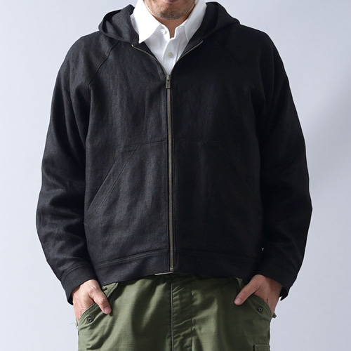 wafu. リネン&コットン　フード付きパーカー　ブラック リネンソロテックス】自然と都会の融合。リネンアノラック