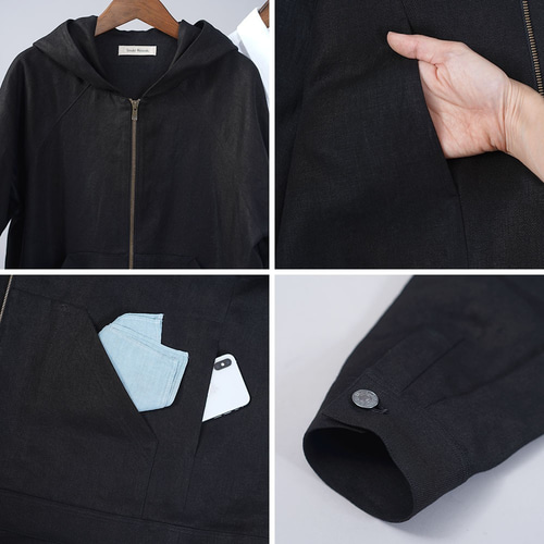 wafu. リネン&コットン　フード付きパーカー　ブラック wafu プレミアムリネン】リネンパーカー ジャケット パーカー