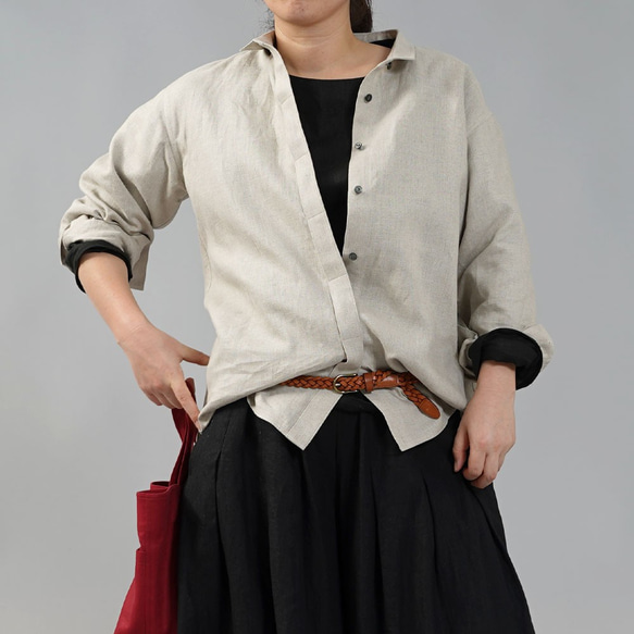 [wafu] 中厚 Hiyoku 亞麻襯衫，長袖，櫻桃領亞麻襯衫，落肩/亞麻自然色 t018c-amn2 第8張的照片
