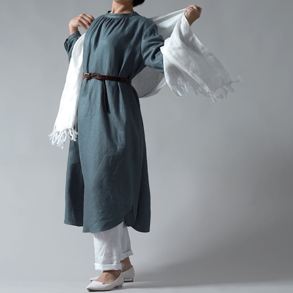 【wafu】中厚 高密度リネン フロントギャザーのスタンドカラードレス 綾織リネン/アクアマリン a034a-aqm2 6枚目の画像