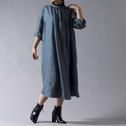 【wafu】中厚 高密度リネン フロントギャザーのスタンドカラードレス 綾織リネン/アクアマリン a034a-aqm2 8枚目の画像