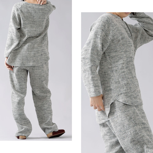 wafu】厚地 起毛リネンパジャマ上下セット 柔らかく 暖かい/黒×生成