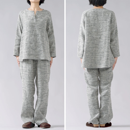 wafu 【リネンパジャマ】 wafu】厚地 起毛リネンパジャマ上下セット 柔らかく 暖かい/黒×生成