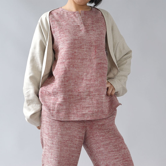 [Wafu]厚實的亞麻亞麻睡衣上衣和下衣套裝柔軟保暖/茜紅r011c-aki3 第3張的照片