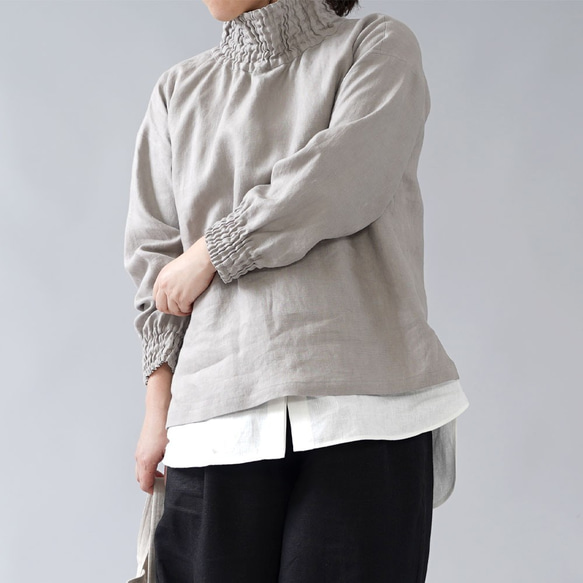 【和服】中厚亞麻高領羅紋上衣/灰珍珠t052a-asp2 第1張的照片