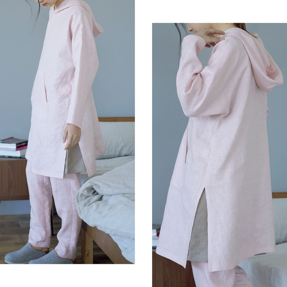 【M碼】【wafu】中厚麻連帽上下套裝 房間裝睡衣/貝殼粉色 r014a-spk2-m 第2張的照片