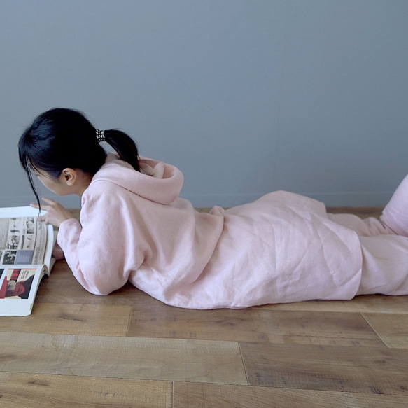 【M碼】【wafu】中厚麻連帽上下套裝 房間裝睡衣/貝殼粉色 r014a-spk2-m 第6張的照片