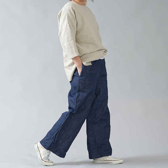 [wafu簡介]厚亞麻粗布牛仔長褲顏色會褪色。 /靛藍b015b-ind3 第3張的照片