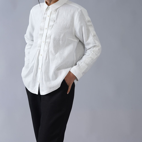[wafu] [訂製] 稍薄亞麻細褶長袖襯衫 40 支/白色 [M 碼] t013b-wht1-m 第1張的照片