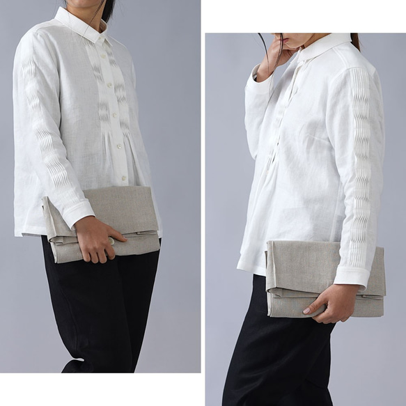 [wafu] [訂製] 稍薄亞麻細褶長袖襯衫 40 支/白色 [M 碼] t013b-wht1-m 第2張的照片