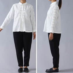 [wafu] [訂製] 稍薄亞麻細褶長袖襯衫 40 支/白色 [M 碼] t013b-wht1-m 第4張的照片